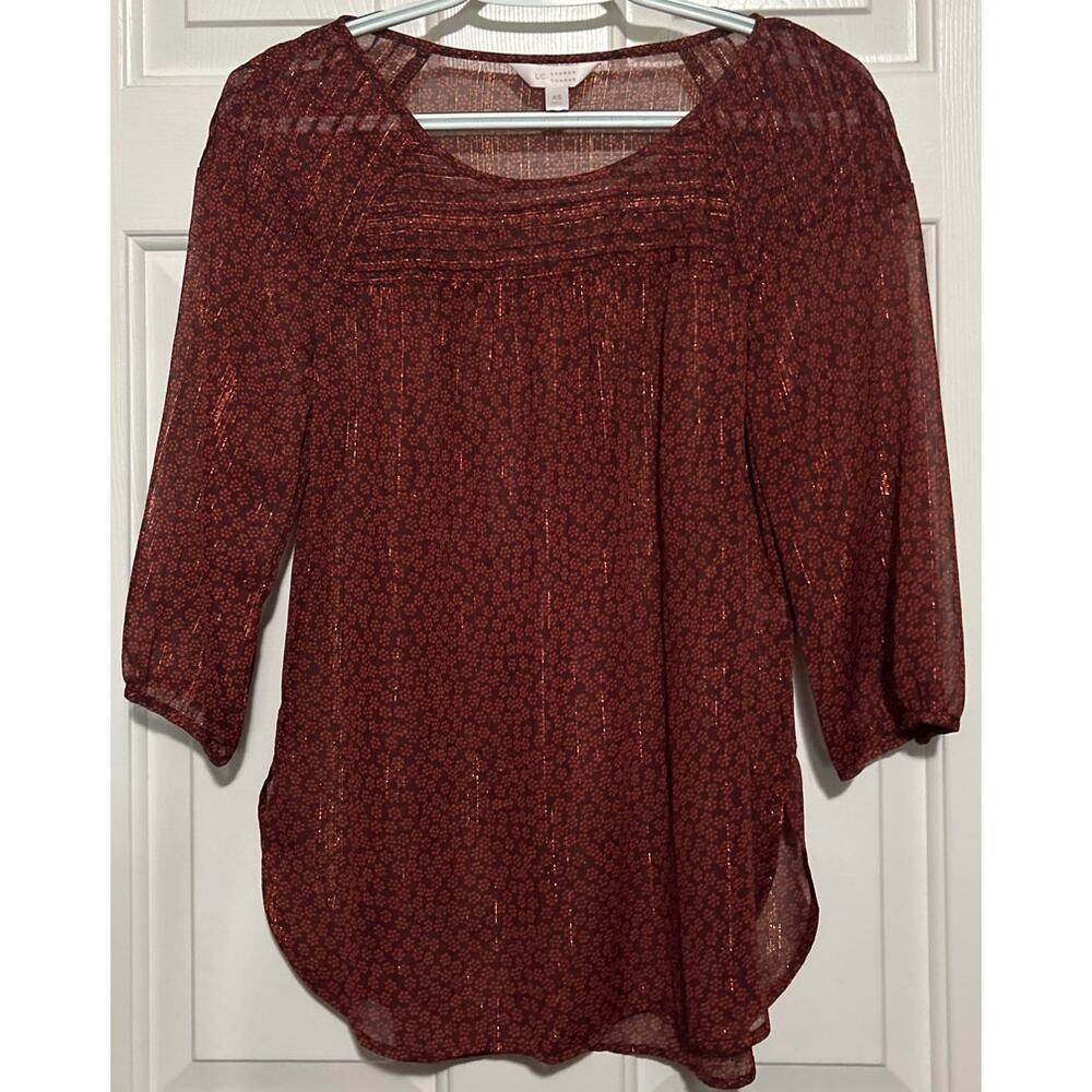 LC Lauren Conrad Women's Sheer Sparkle Rust Floral Quarter Sleeve Blouse Size XS